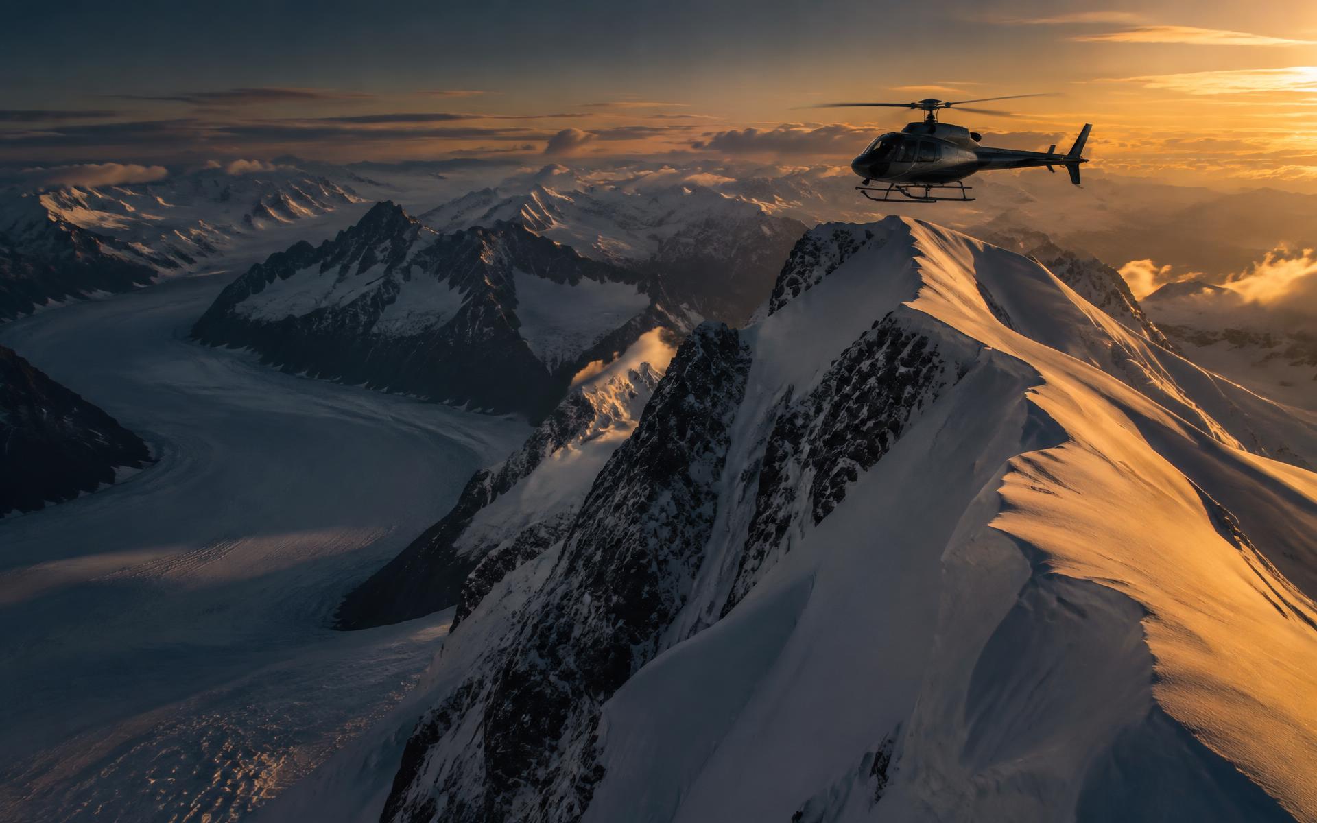 Helicopter above an untracked Alaskan glacier ridge at golden hour